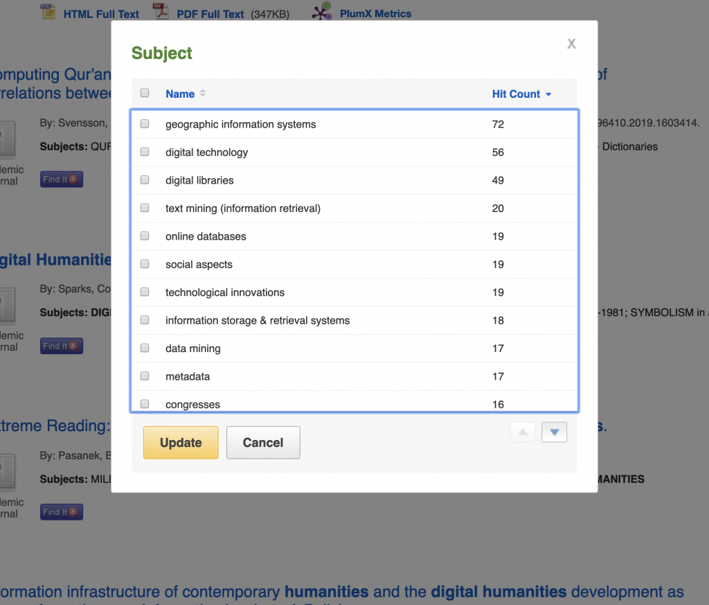 Snapshot of EBSCOhost's Humanities International Complete, Faceted Search