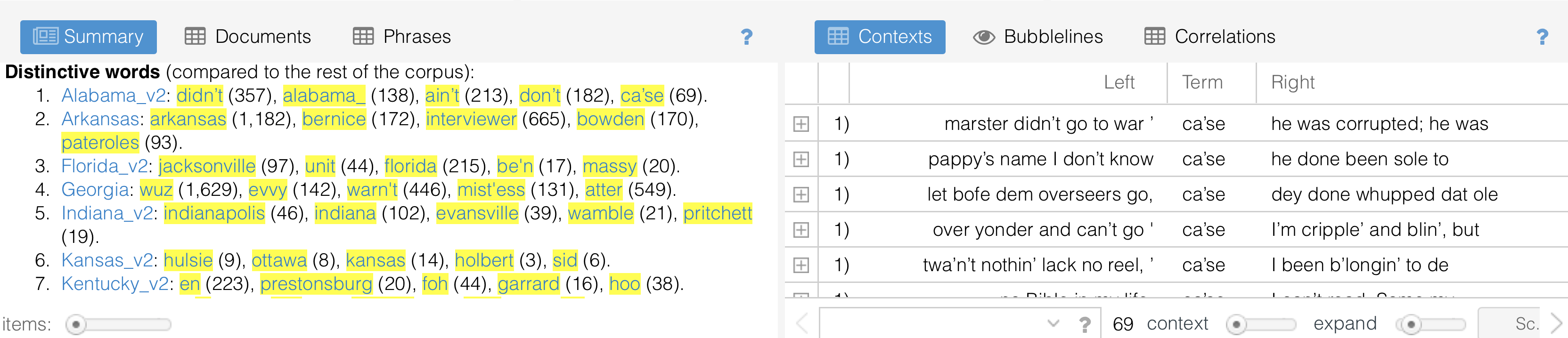 Snapshot of Interactivity Between Summary and Context Panels in Voyant