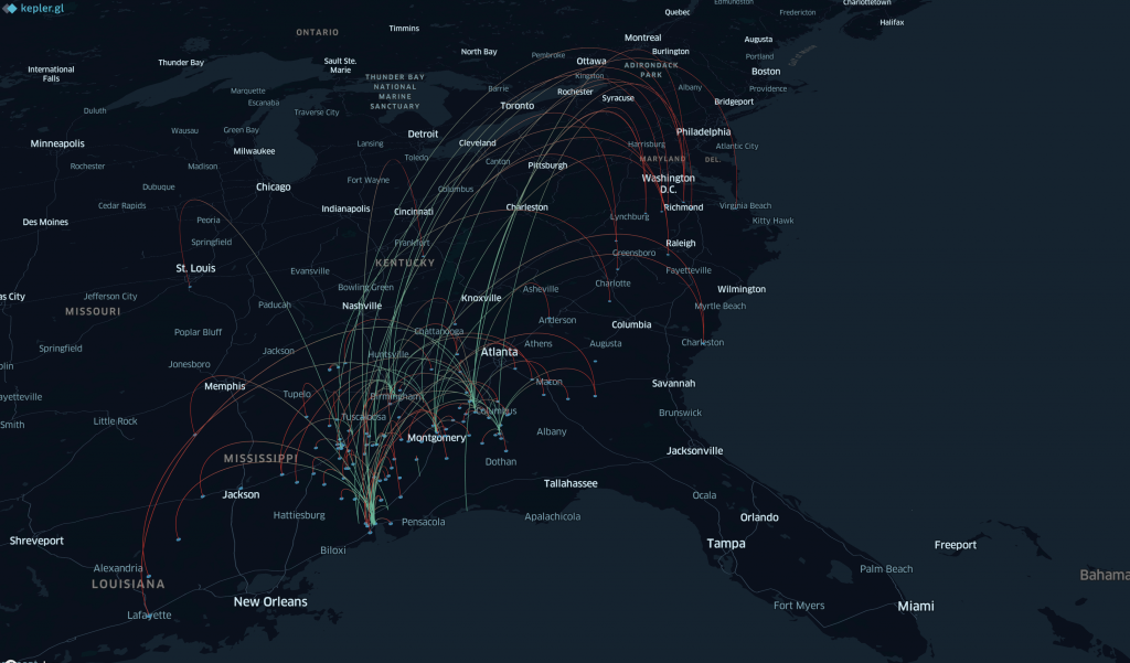 Screenshot kepler.gl: Migration Patterns of Former Slaves (WPA)