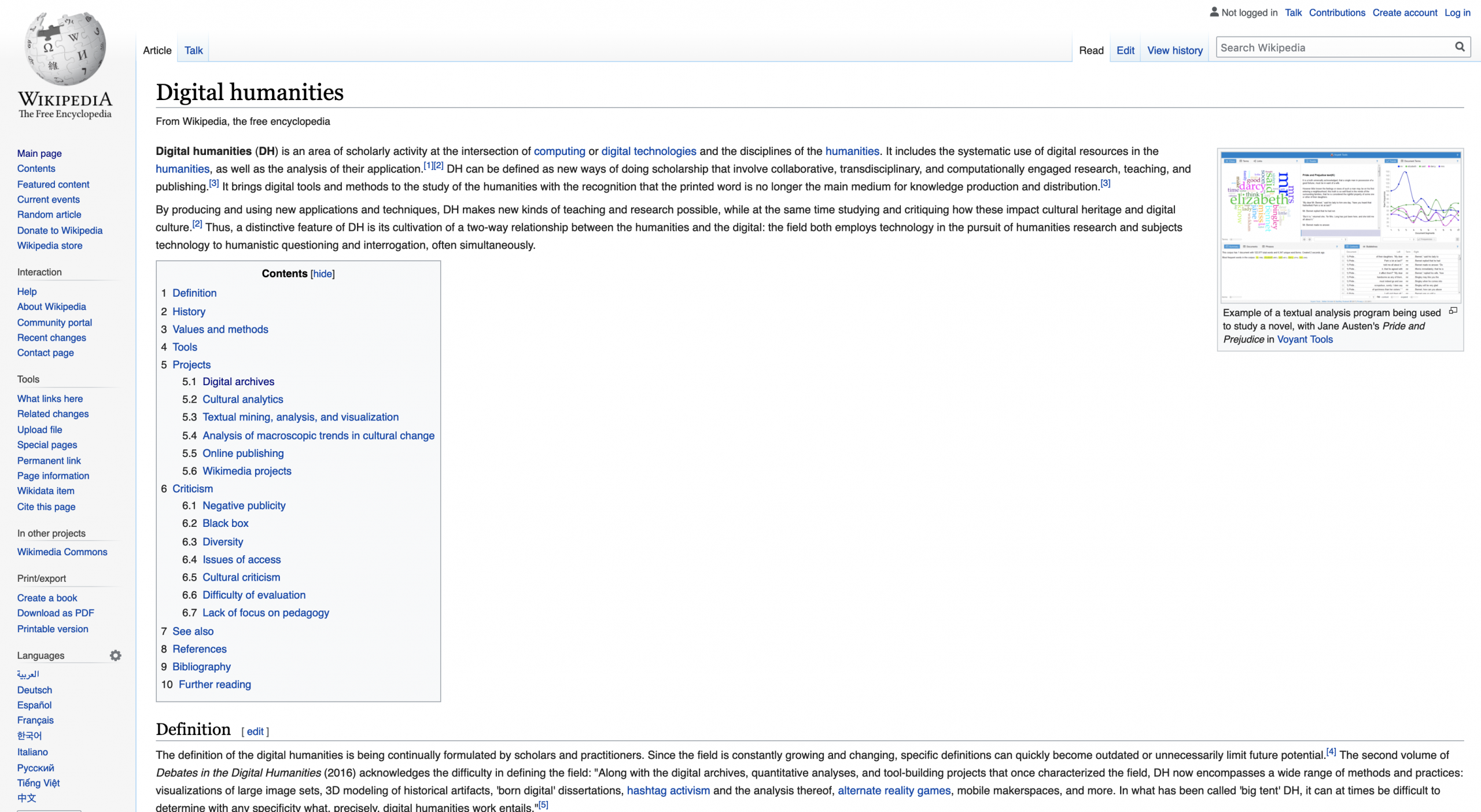 Figure 1: Screenshot of Digital Humanities Wikipedia Page