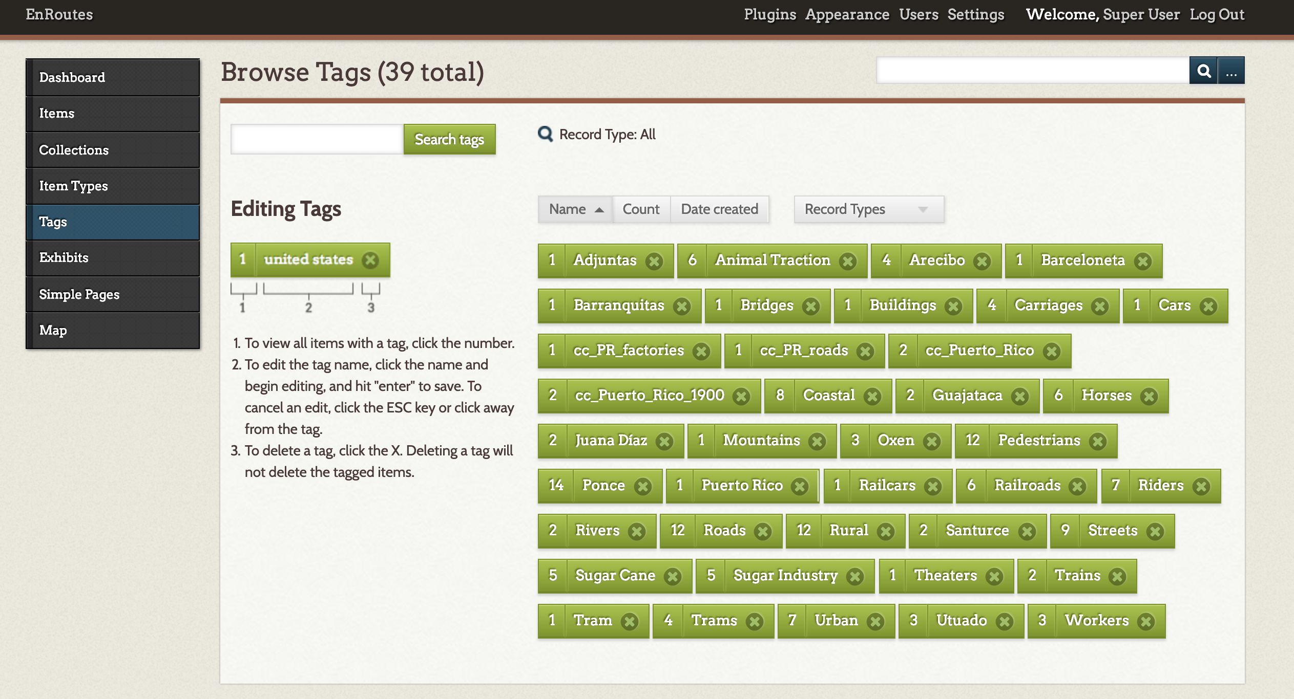Screenshot of Omeka's Tagging System (Back End).